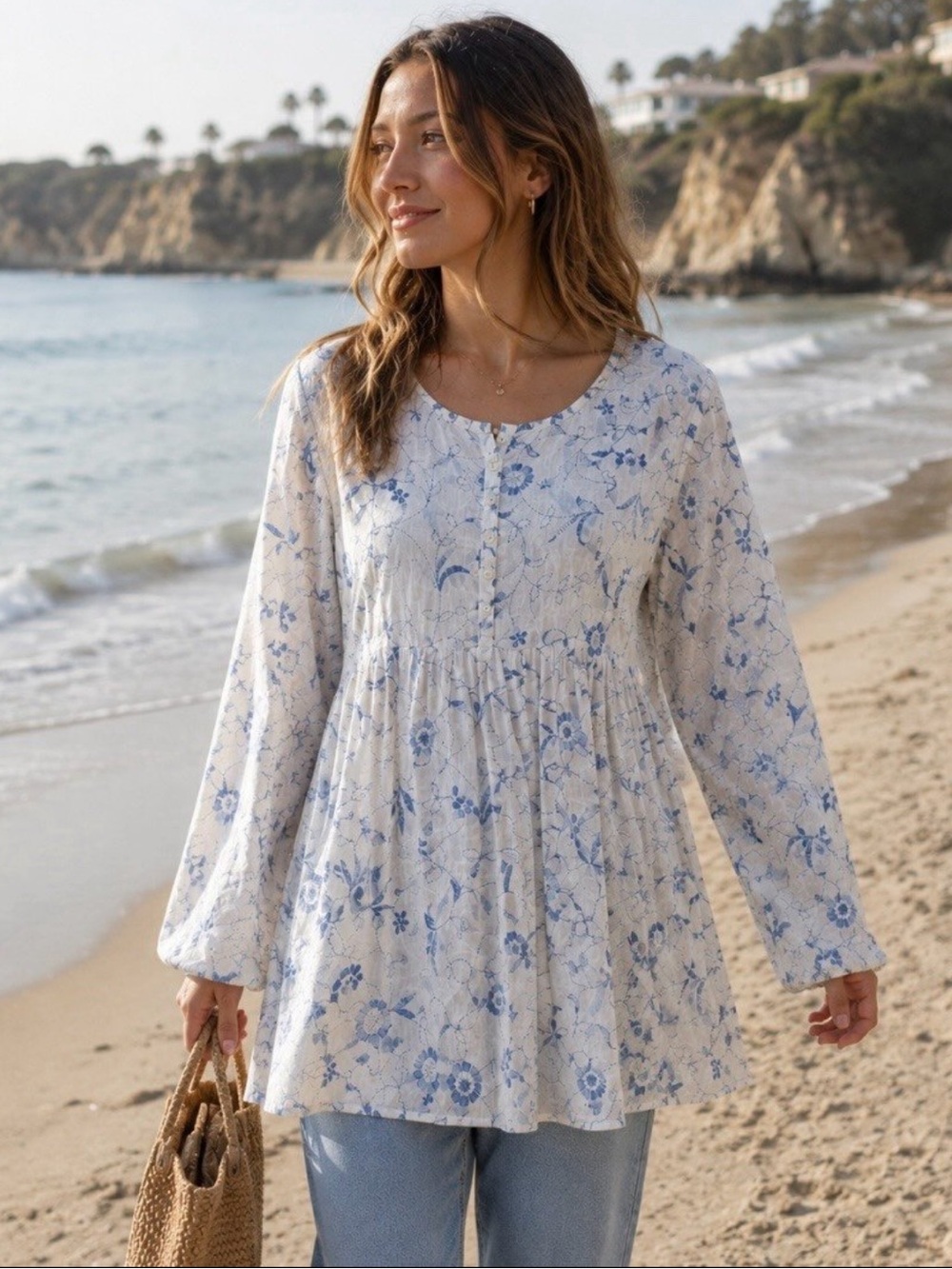 CP Shades Line White and Blue Floral Long-Sleeve Tunic Dress M Lagenlook Coastal